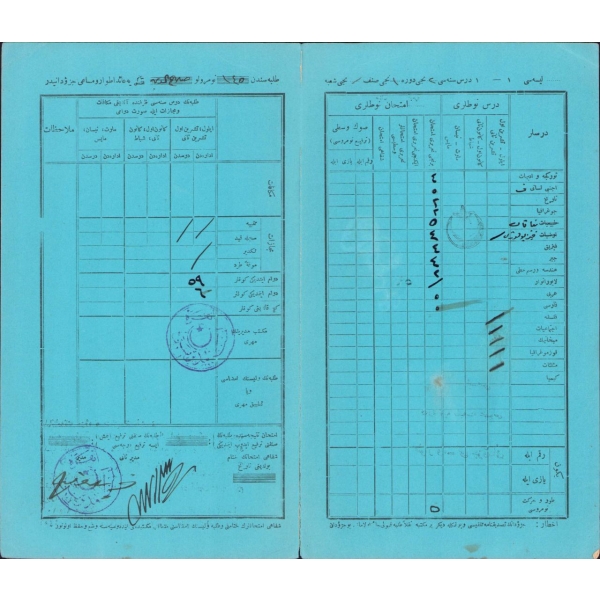 Ankara Erkek Lisesi 2. devre talebesine mahsus Osmanlıca not cetveli, ortadan yırtık, 14x22 cm