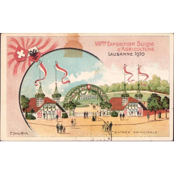 Exposition Suisse d'Agriculture [ İsviçre Tarım Fuarı Ana Girişi], arkası Osmanlıca ithaflı, postadan geçmiş, Edirne adresli