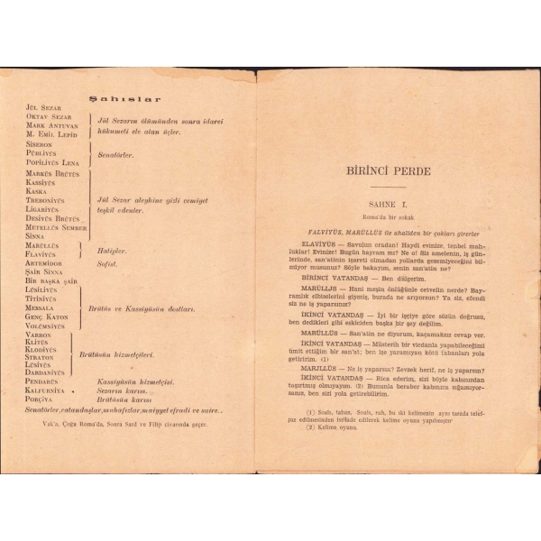 Jules Cesar [Jül Sezar] W. Shakespeare, Çev. Mehmet Şükrü, Cumhuriyet Matbaası, 1930, ön kapak bir kenar yırtık, 16 sayfa, 14x20 cm