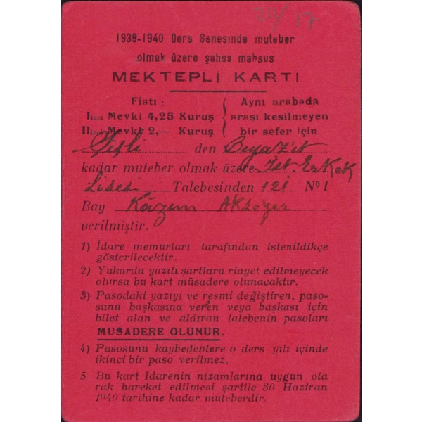 1939-1940 ders senesinde muteber olmak üzere şahsa mahsus mektepli kartı, 18x11 cm