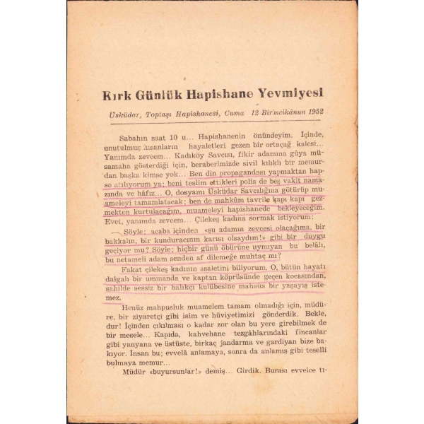 Cinnet Mustatili - Hapishane Notları, Necip Fazıl Kısakürek, İnkılap Kitabevi, İstanbul 1955, 201 sayfa,14x20 cm