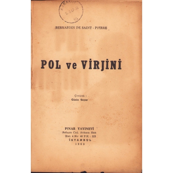 Pol ve Virjini, Bernardin De Saint Pierre, İstanbul 1963, 107 sayfa, 13x20 cm