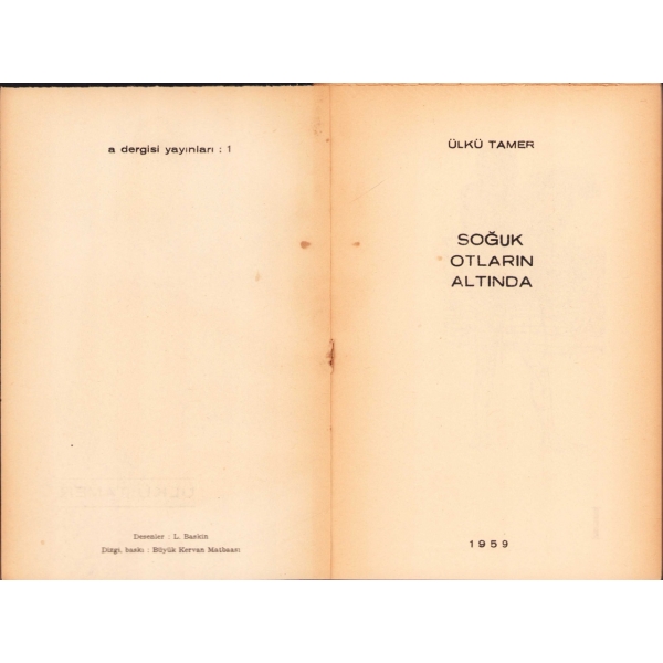 Ülkü Tamer'in İlk Şiir Kitabı: Soğuk Otların Altında, İlk Baskı, A Yayınları, Resimler: L. Baskin, 61 sayfa, 14x20 cm