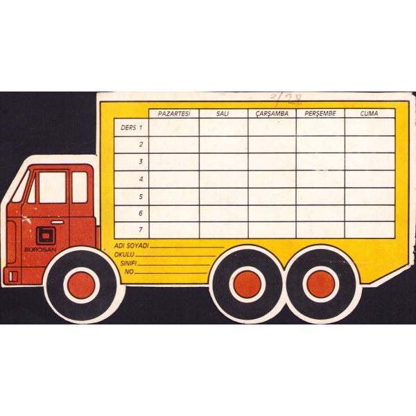Bürosan yazılı Pelikan hediyesi, kamyon çizimi üzerinde haftalık ders programı çizelgesi, 9x17 cm
