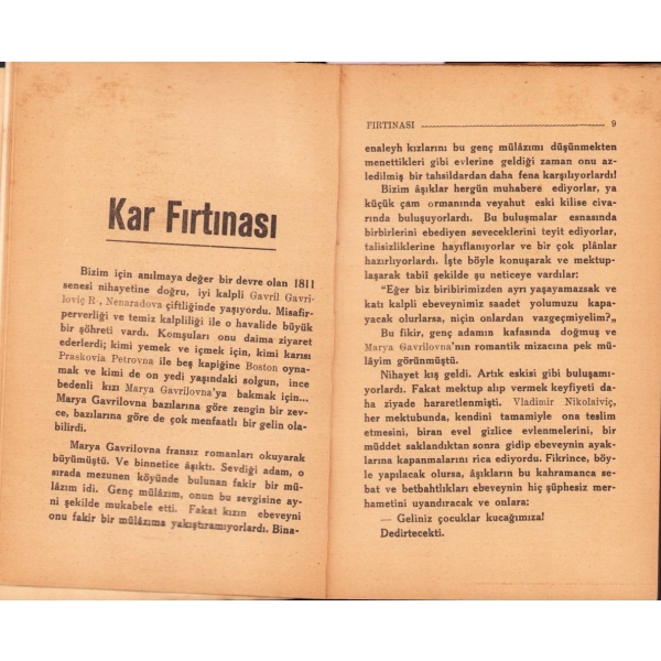 Kar Fırtınası, Aleksandr Puşkin, Çeviren: Samizade Süreyya, Hilmi Kitaphanesi, 1934-35, 86 sayfa, 12x18 cm, yorgun, sırtı haliyle