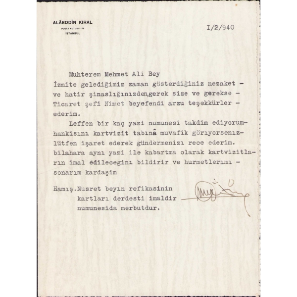 Alâeddin Kıral antetli, Mehmet Ali Kağıtçı'ya gönderilen mektup, 1940, 14x19 cm