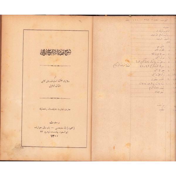 Şerh-i Kasîde-i Bürde Tercüme-i Mücmeli, Osman Tevfik, Mahmud Bey Matbaası, 1300, 172 sayfa, 15x24 cm