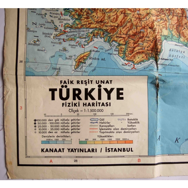 Faik Reşit Unat Türkiye Fiziki Haritası, Kanaat Yayınları - İstanbul, 178x74 cm