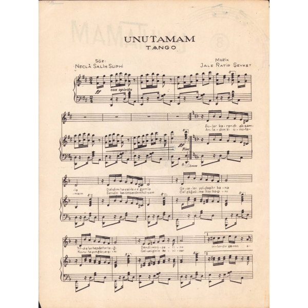 İskender Kutmani'den nota, Unutamam (Tango), İstanbul, 32x48 cm