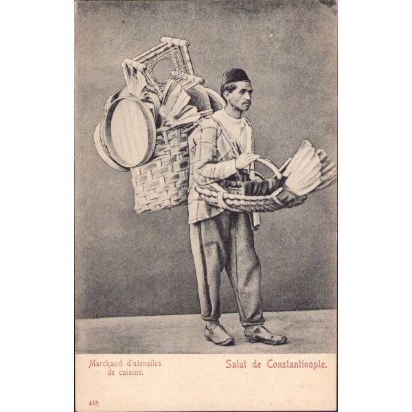 Osmanlı Dönemi Meslek Kartpostalı, Mutfak Malzemeleri Satıcısı, Constantinople, 9x14 cm