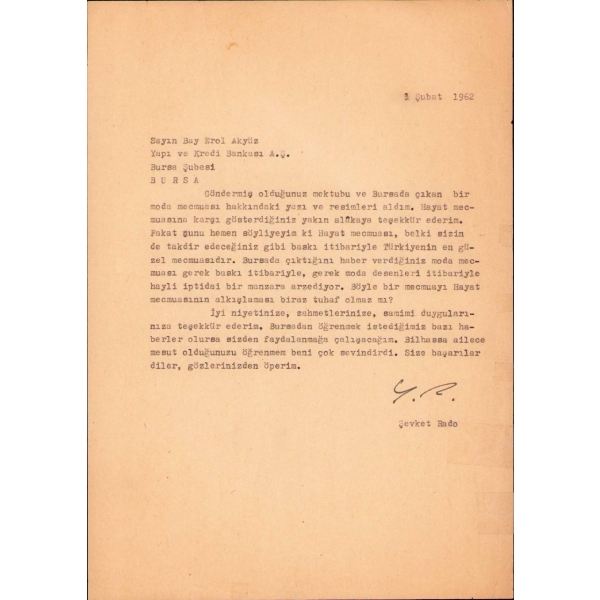 Cumhuriyet Döneminin Seçkin Hat Koleksiyonerlerinden Yazar ve Yayıncı Şevket Rado ıslak imzalı mektup, 1 Şubat 1962 tarihli, 21x29 cm