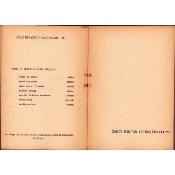 Ben Sana Mecburum -Şiirler-, Attila İlhan, İkinci Baskı, Ataç Kitabevi, 1963, 111 sayfa