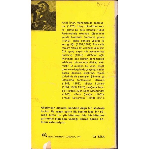 Yasak Sevişmek -Şiirler-, Attila İlhan, İkinci Baskı, Bilgi Basımevi, 1971, 107 sayfa