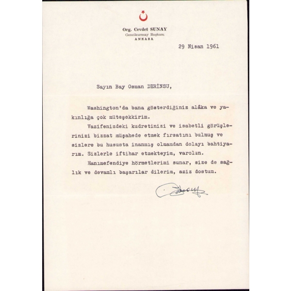 Org. Cevdet Sunay Genelkurmay Başkanı antetli, Osman Derinsu'ya hitaben yazılmış teşekkür mektubu, 1961, 17x24 cm