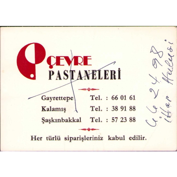 Arkası Karikatürist Necmi Rıza Ayça'nın el yazısıyla notu bulunan Çevre Pastaneleri Kartı, İhap Hulusi'nin telefon numarası yazılı, 11x8 cm