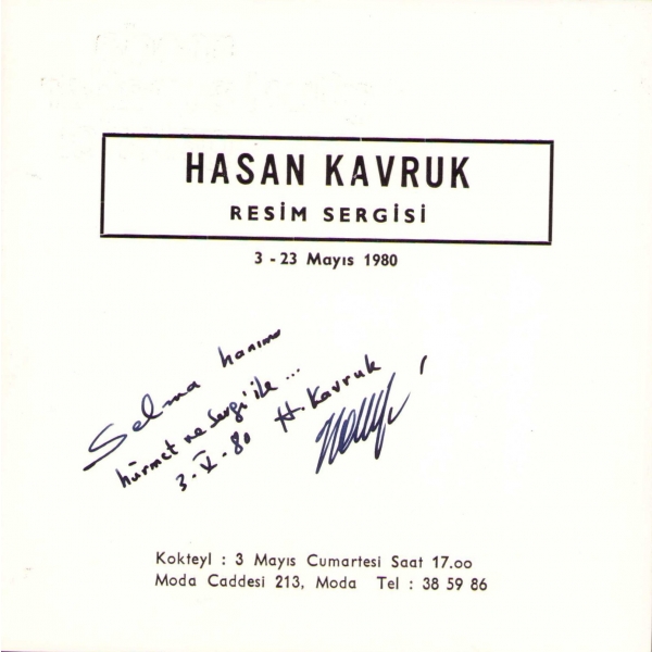 Ressam Hasan Kavruk'tan İthaflı ve İmzalı Resim Sergisi Davetiyesi, Moda Güzel Sanatlar Galerisi, 3-23 Mayıs 1980, 15x15 cm