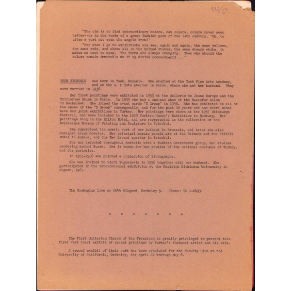Bedri Rahmi ve Eren Eyüboğlu'nun San Francisco'da Düzenlenen Sergilerinin Kataloğu ve Tanıtım Metni, 4 sayfa, 24x32 cm