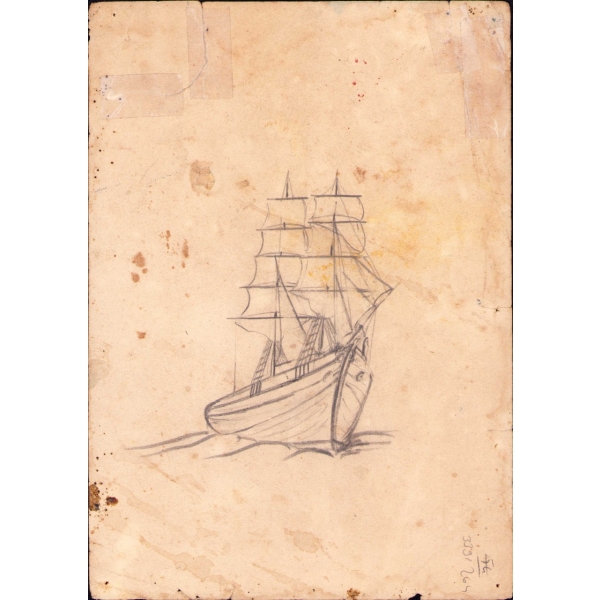 Renkli köy çizimi, arka yüzünde karakalem gemi çizimi, 19x26 cm, haliyle