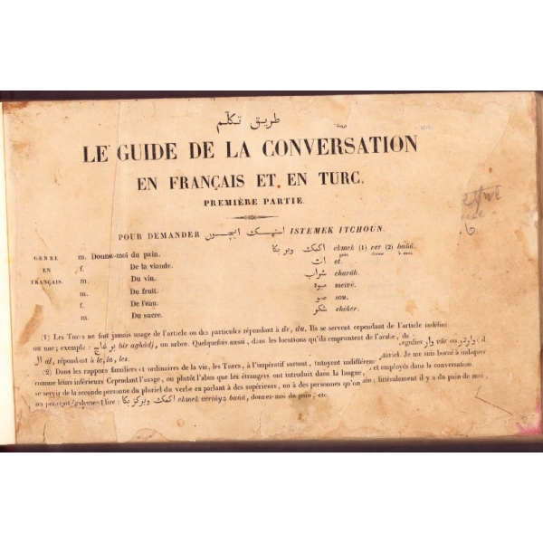 Osmanlıca-Fransızca Tarîku Tekellüm-Le Guide De La Conversation [Türkçe-Fransızca Konuşma Rehberi], 248 s., 15x24 cm, bazı sayfaları yıpranmış haliyle