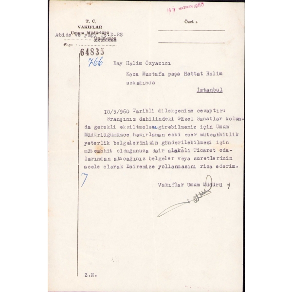 Vakıflar Umum Müdürü Tarafından Hattat Halim Özyazıcı'ya Gönderilen Mektup, 1960 tarihli, Hattat Halim Özyazıcı Terekesinden, 16x23 cm