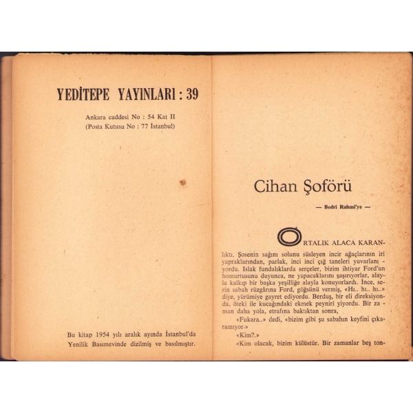Samim Kocagöz'den İthaflı ve İmzalı ''Cihan Şoförü'', Yeditepe Yayınları, Aralık 1954