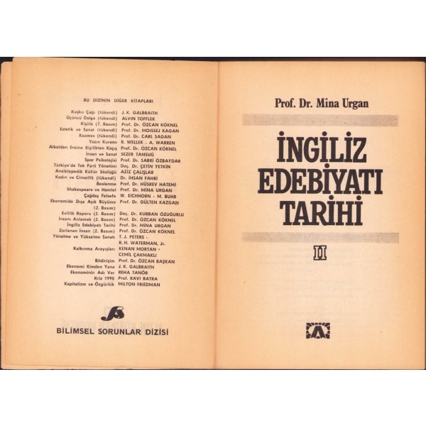 Mina Urgan'dan Sevgi Sanlı'ya İthaflı ve İmzalı ''İngiliz Edebiyatı Tarihi II'', Altın Kitaplar Yayınevi, 1. Basım: 1989