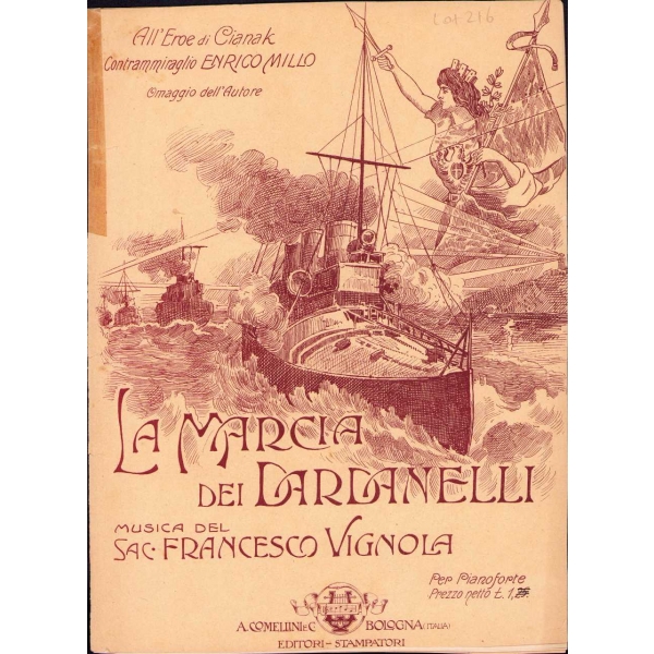 İtalyanca La Marcia dei Dardanelli [Çanakkale Marşı] notası, Francesco Vignola, İtalya, 24x32 cm, bir kenarı yırtık haliyle