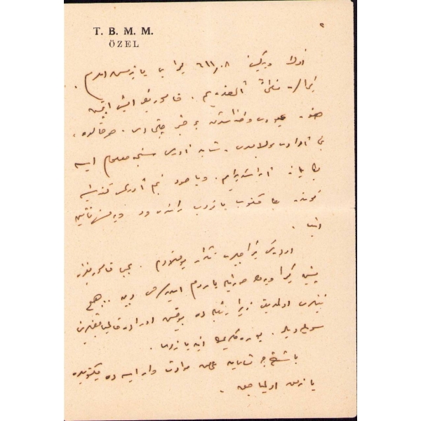 T.B.M.M. Özel antetli kâğıtta şahsi mektup, Ankara 1953, 3 sayfa, 14x21 cm