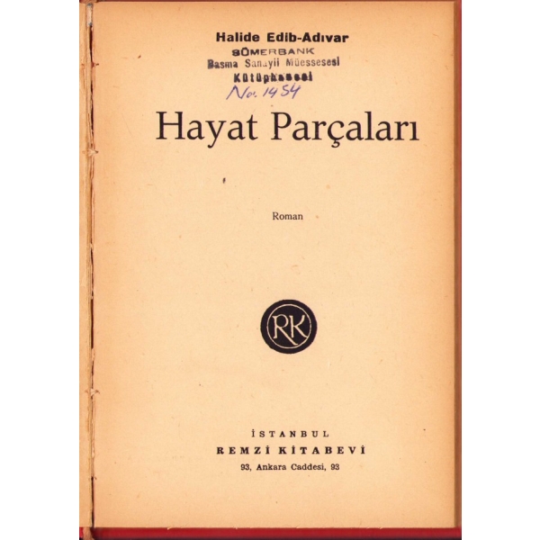 Hayat Parçaları, Halide Edib Adıvar, Remzi Kitabevi, İstanbul 1963, 127 s., 14x20 cm