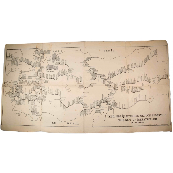 TCDD Demiryolu Ağı ve İstasyonları haritası, İzmir 1975, 53x99 cm, yıpranmış haliyle