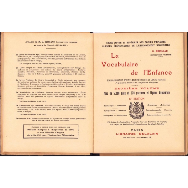 Fransızca Le Vocabulaire de l'Enfance [2. cilt], G. Boisseau, Paris, 173 s., 17x21 cm, cildi yorgun haliyle