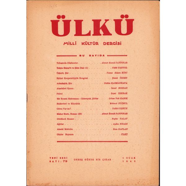 Ülkü Milli Kültür Dergisi 79. sayı, 1 Ocak 1945, 24x33 cm