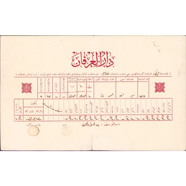 Osmanlıca Dârü'l-İrfân antetli, öğrenci durumu hakkında veli bilgilendirme cetveli, 1927 tarihli, 14x23 cm, alt kenardan yırtık haliyle