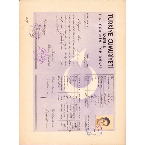 Fotoğraflı azınlık ilköğrenim diploması, 1937 tarihli, 25x34 cm