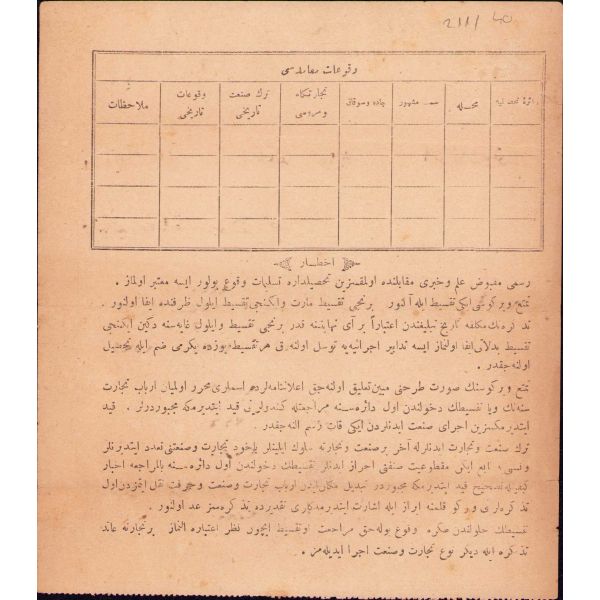 Osmanlıca temettu vergisi tezkeresi, Beyoğlu/İstanbul 1339, 17x19 cm