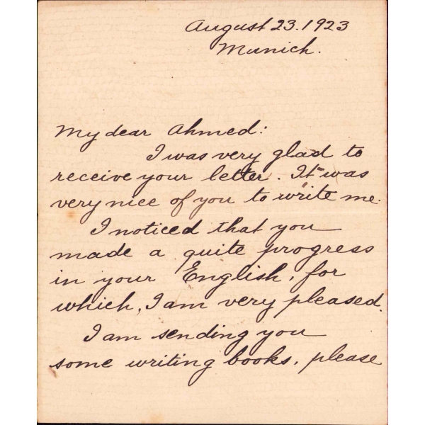 Mehmed Şükrü [Sagun] Paşa'nın Oğlu Ahmed'e Yazılmış İngilizce Mektup, 1923 Tarihli, 16x20 cm