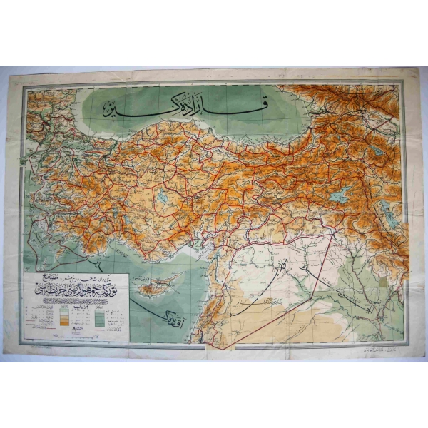 Büyük Boy Osmanlıca Türkiye Cumhuriyeti Haritası, 1928 tarihli, Nâşiri: Kanaat Kütüphanesi, Abajuli Matbaası, 96x65 cm