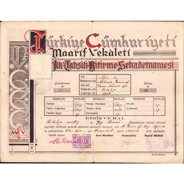 İlkokul diploması, Kütahya 1930 tarihli, 23x29 cm, alt ve üst kenardan yırtık haliyle