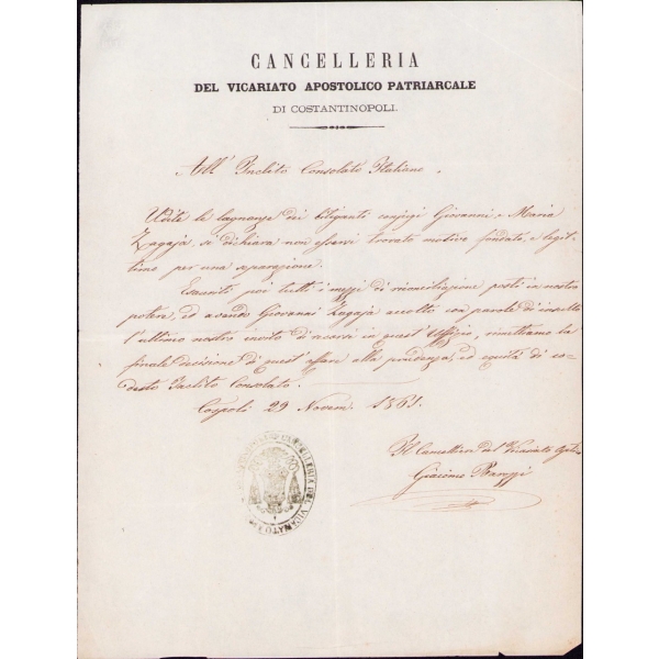 İtalyanca Cancelleria-Del Vicariato Apostolico Patriarcale antetli evrak, Constantinopoli 1861, 21x27 cm