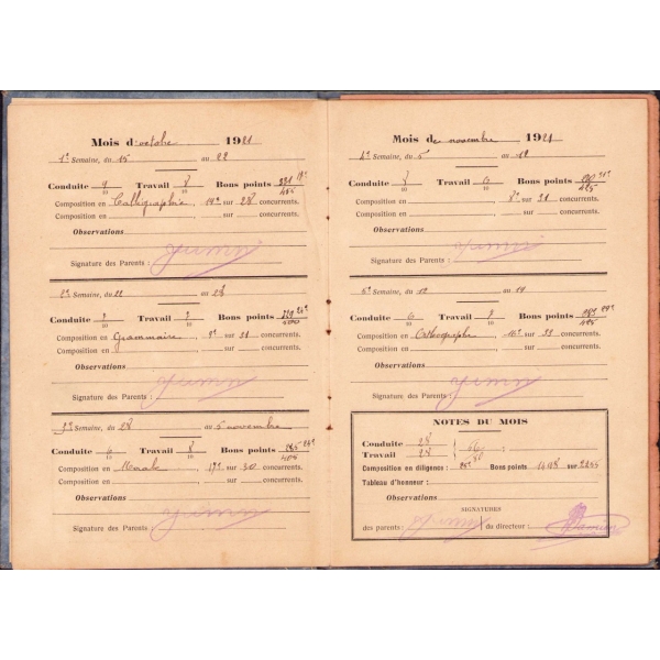 Fransız Koleji öğrenci okul notu defteri, 1921-22, Mehemet Faik adlı öğrenciye ait, Üsküdar-İstanbul