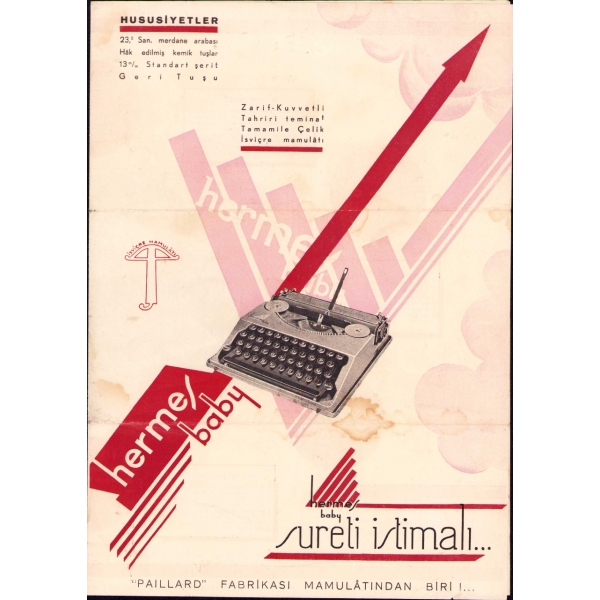 Hermes Baby yazı makinesi kullanım kılavuzu, J.Ojalvo-V.Meşulam-İstanbul damgalı, 29x41 cm