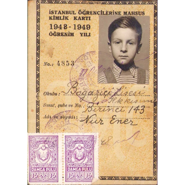 Boğaziçi Lisesi, fotoğraflı öğrenci kimlik kartı, İstanbul, 1948-49 yılına ait, 8x12 cm
