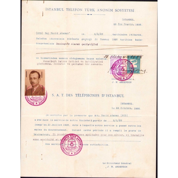 İstanbul Telefon Türk Anonim Sosyetesi antetli Türkçe-Fransızca fotoğraflı çalışma belgesi, 1935 tarihli, 23x30 cm