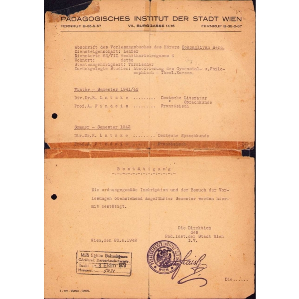 Milli Eğitim Bakanlığı onaylı 1973 tarihli Almanca belge, İstanbul Umuru Hukukiye Müdürlüğü mühürlü, 21x29 cm, üst köşesi yırtık ve kenarları yıpranmış haliyle