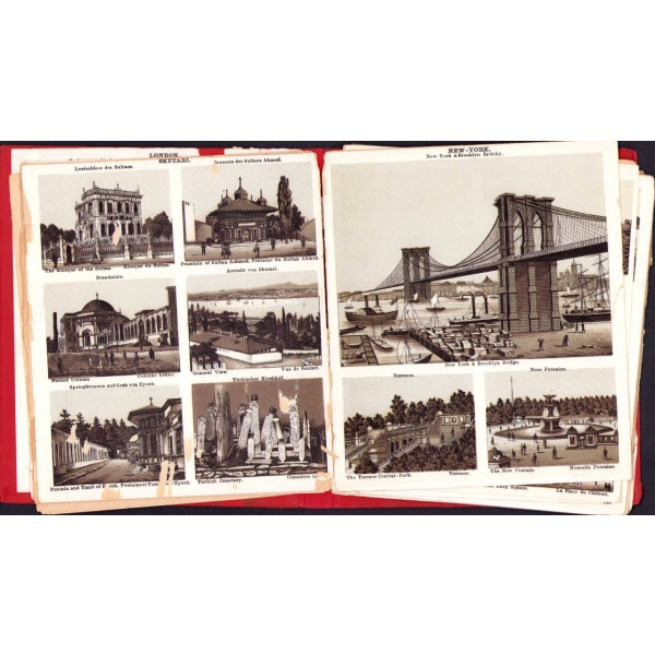 Dünyanın en büyük şehirlerinden genel manzaraları içeren albüm, Üsküdar ve Constantinople manzaraları dahil, 14x16 cm, epey yıpranmış ve sayfaları ayrık haliyle