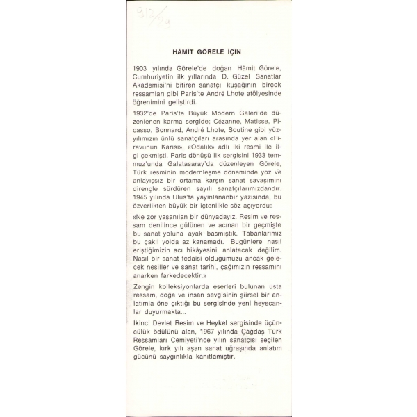 Cumhuriyetin İlk Kuşak Ressamlarından Hamit Görele'den İthaflı ve İmzalı Resim Sergisi Davetiyesi, Aydın Cumalı Sanat Galerisi, 2-15 Ekim 1976, 9x22 cm
