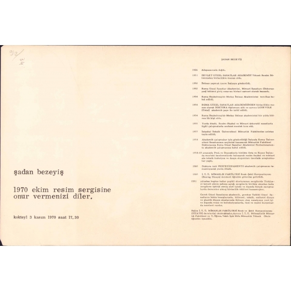 Nurullah Berk Atölyesi'nden Birincilikle Mezun Olan Ressam Şâdân Bezeyiş'den İthaflı ve İmzalı Resim Sergisi Davetiyesi, 3-17 Kasım 1970, Taksim Sanat Galerisi, 23x33 cm