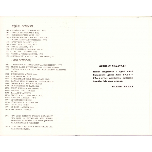 Burhan Doğançay'dan İthaflı ve İmzalı Resim Sergisi Davetiyesi, Galeri Baraz, 1 Eylül 1976, 4 sayfa, 15x23 cm