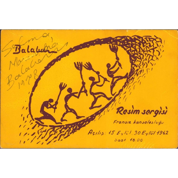 Ressam İbrahim Balaban'dan İthaflı ve İmzalı Sergi Davetiyesi, 15-30 Eylül 1962, Fransız Konsolosluğu, 15x10 cm
