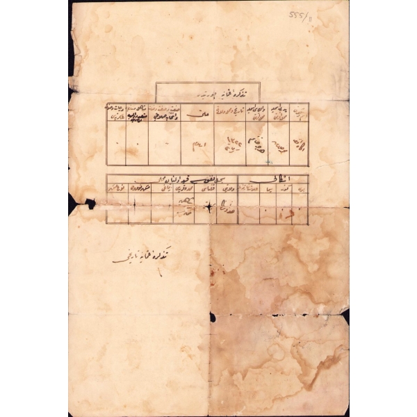 Sultan Reşad tuğralı Osmanlıca ilkokul diploması, 1338 tarihli, 25x38 cm, epey yıpranmış ve su görmüş haliyle